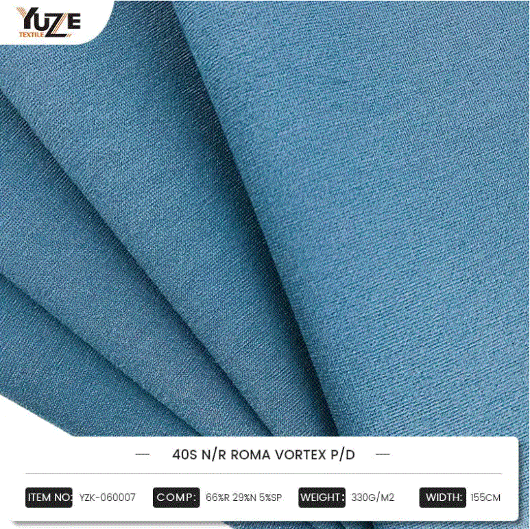 YZK-060007 40S N/R Roma Vortex P/D: Kombinieren Sie Hochleistungsmischungen von Rayon, Nylon und Spandex. Wirbel Wirbelspinntechnologie schafft eine dauerhafte und komfortable Modeauswahl